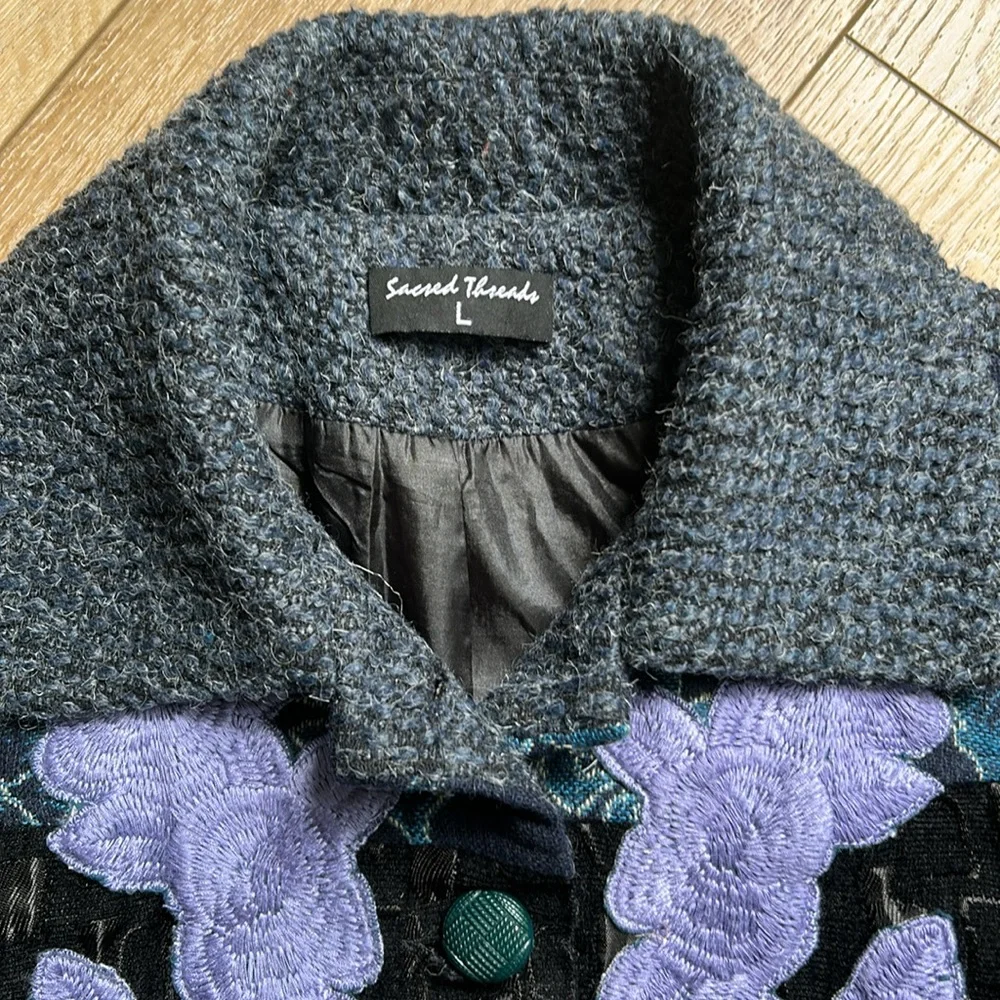 Sacred Threads Multicolor Floral Patchwork Boho Button-Up Coat Size L Junior - Picture 5 of 11